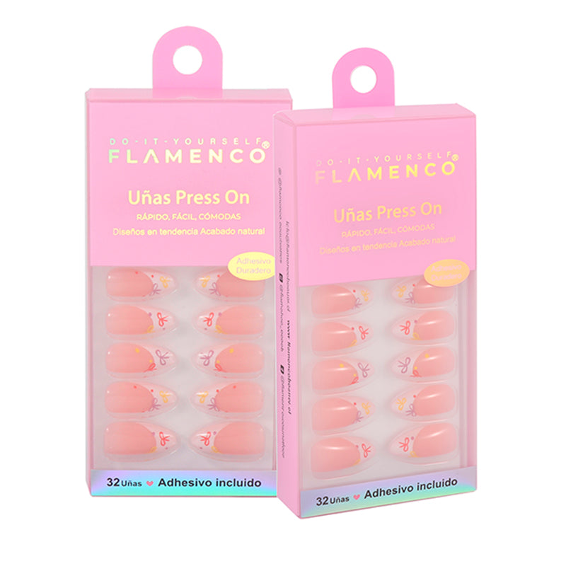 Uñas Press On Almendradas Lazos Coquette Coloridos