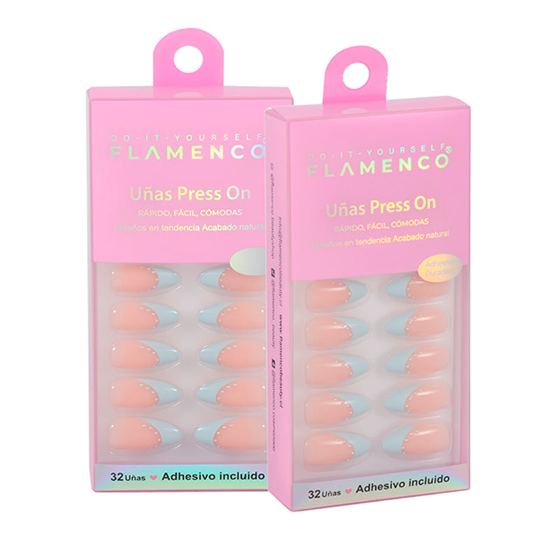 Uñas Press On Almendradas Francesa Celeste Gemas 3D