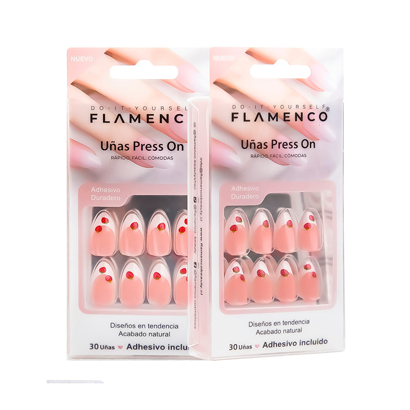 Uñas Press On Fresas Rosa Glitter Almond