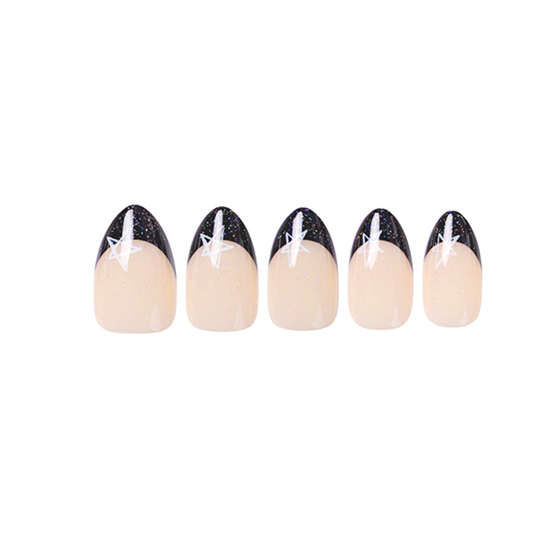 Uñas Press On Francesa Negra Estrellas Almond