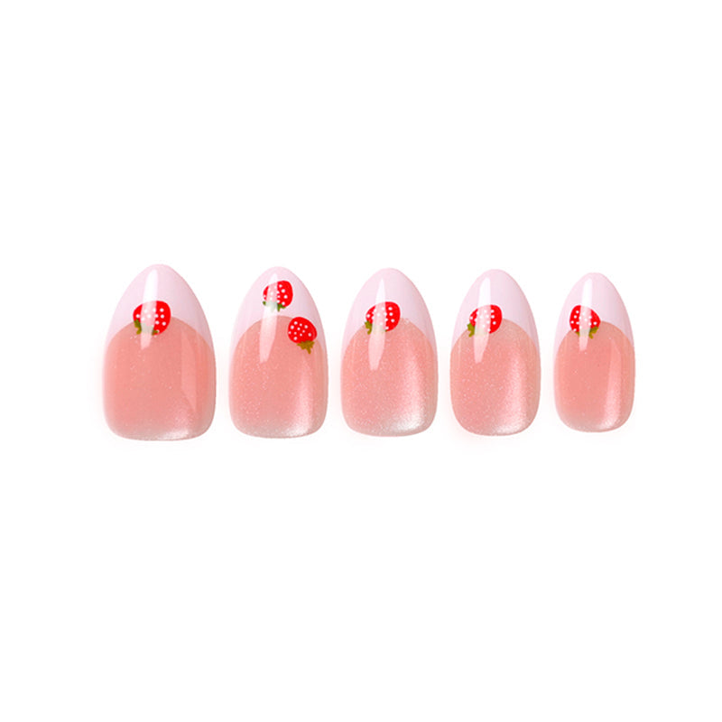 Uñas Press On Fresas Rosa Glitter Almond