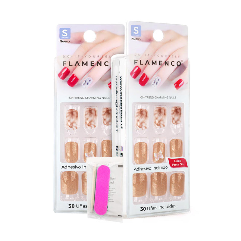 Uñas Press On Cuadradas Cortas Nude Mármol y Dorado