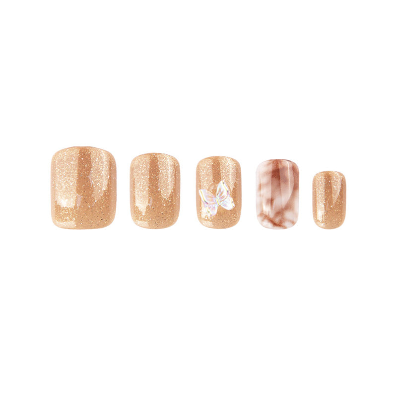 Uñas Press On Cuadradas Cortas Nude Mármol y Dorado