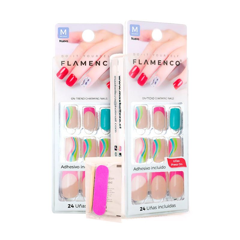 Uñas Press On Cuadradas Rosa y Turquesa Estilo Verano