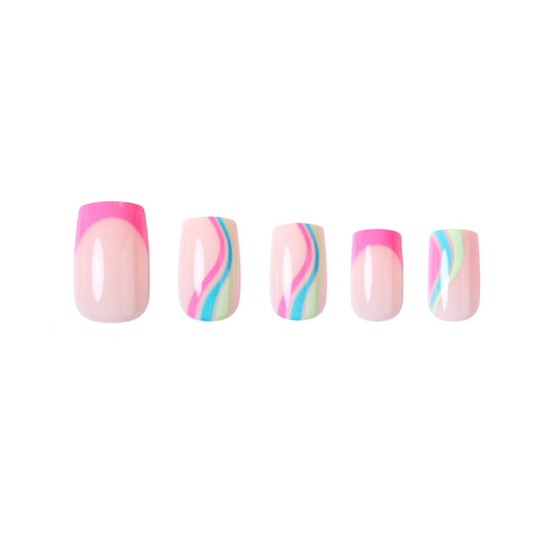 Uñas Press On Cuadradas Rosa y Turquesa Estilo Verano