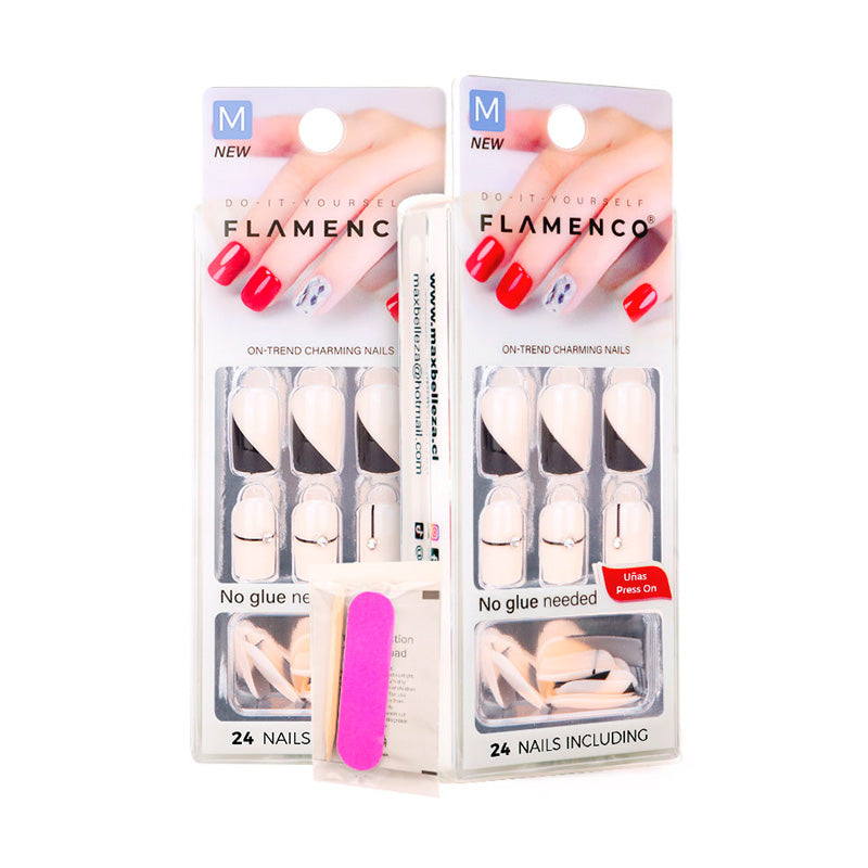 Uñas Press On Cuadradas Medianas Nude con Diseño Negro
