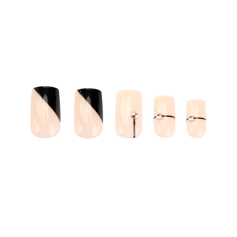 Uñas Press On Cuadradas Medianas Nude con Diseño Negro