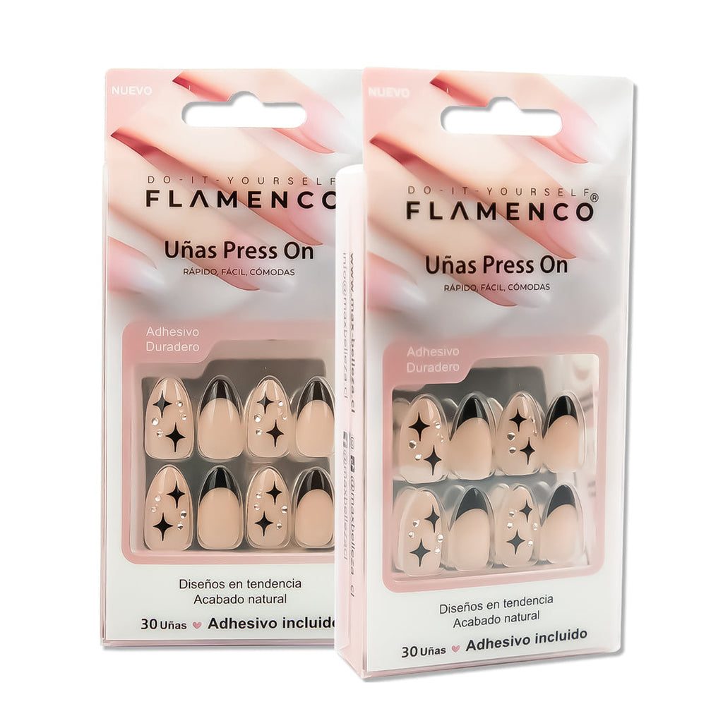 Uñas Press On Almendra Estrellas Negras y Cristales