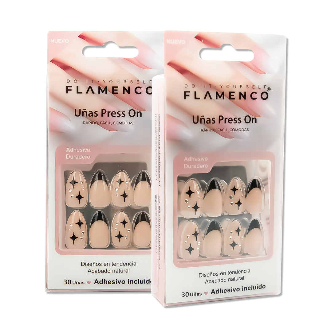 Uñas Press On Almendra Estrellas Negras y Cristales