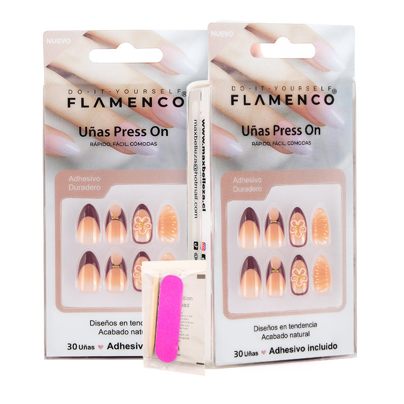 Uñas Press On Golden Blossom French Almond