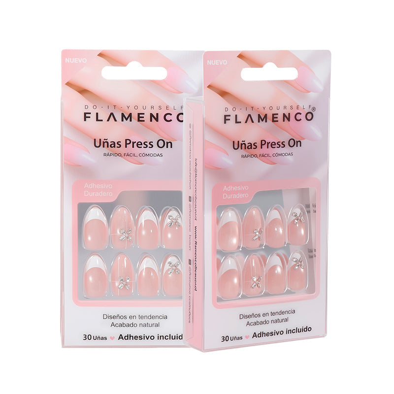 Uñas Press On Almendra Francesa Plata con Lazos