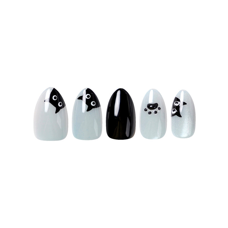 Uñas Press On Almendra Black Cat Kawaii Cat Eye