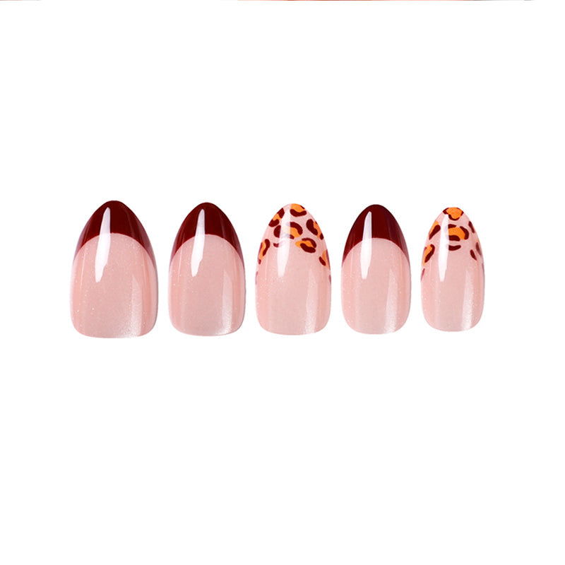 Uñas Press On Almendradas Corta Francesa Animal Print Borgoña
